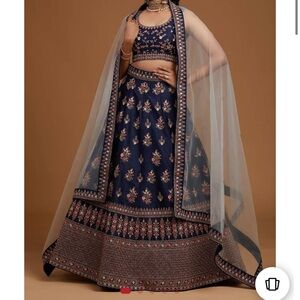 Navy blue embroidered floral lehenga standard stitching with gold & pink detail